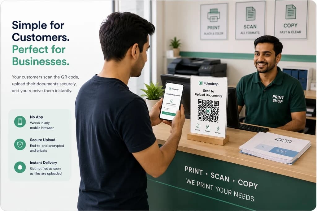 Customer scanning Pokodrop QR code at a print shop counter with instant browser upload